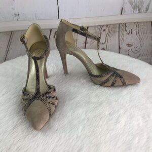 Jessica Simpson Taupe Suede T-Strap Pointed Toe Heels with Snake-Print Trim